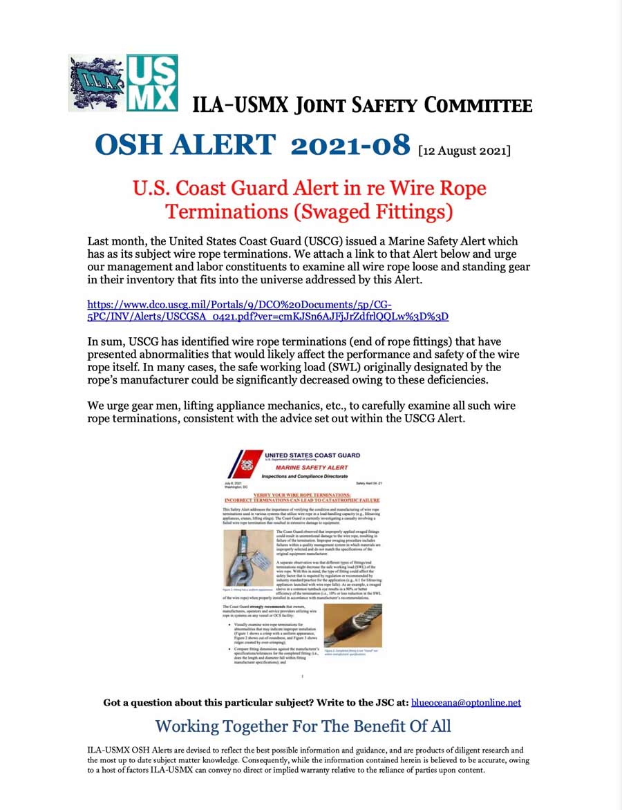 ILA-USMX Joint Safety Committee OSH Alert 30-30: U.S. Coast