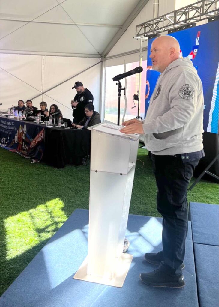 Quintero, ChileILA International Executive Vice President and IDC General Coordinator Dennis Daggett addresses dockworker delegates from all around the world at the IDC Latin American and Caribbean Assembly that took place May 2-5, 2023.
