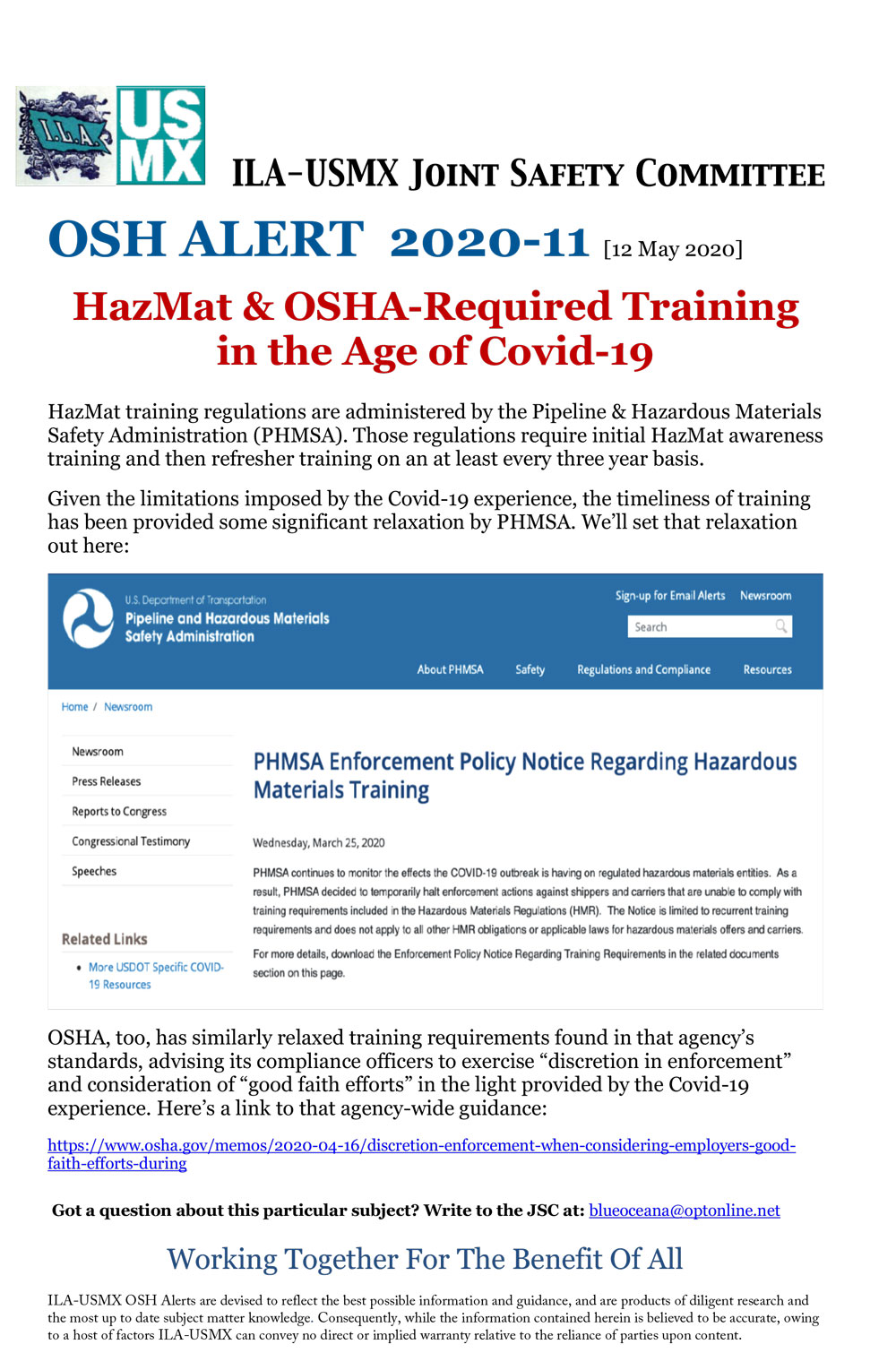 ILAUSMX Joint Safety Committee OSH Alert 202011 HazMat & OSHA