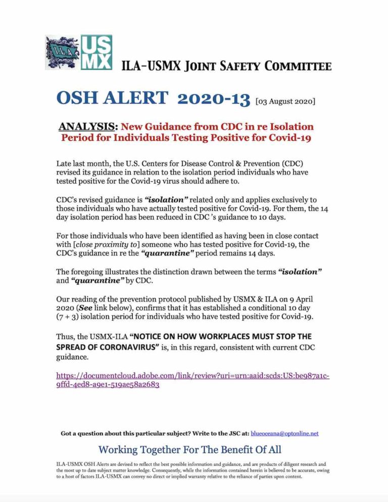 OSH Alert 2020-13 (CDC Guidance in re Reduction of Isolation Period)