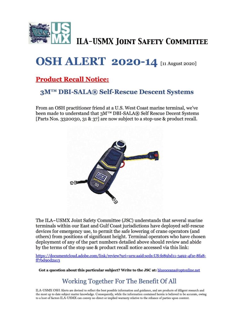 OSH Alert 2020-14: Product Recall Notice