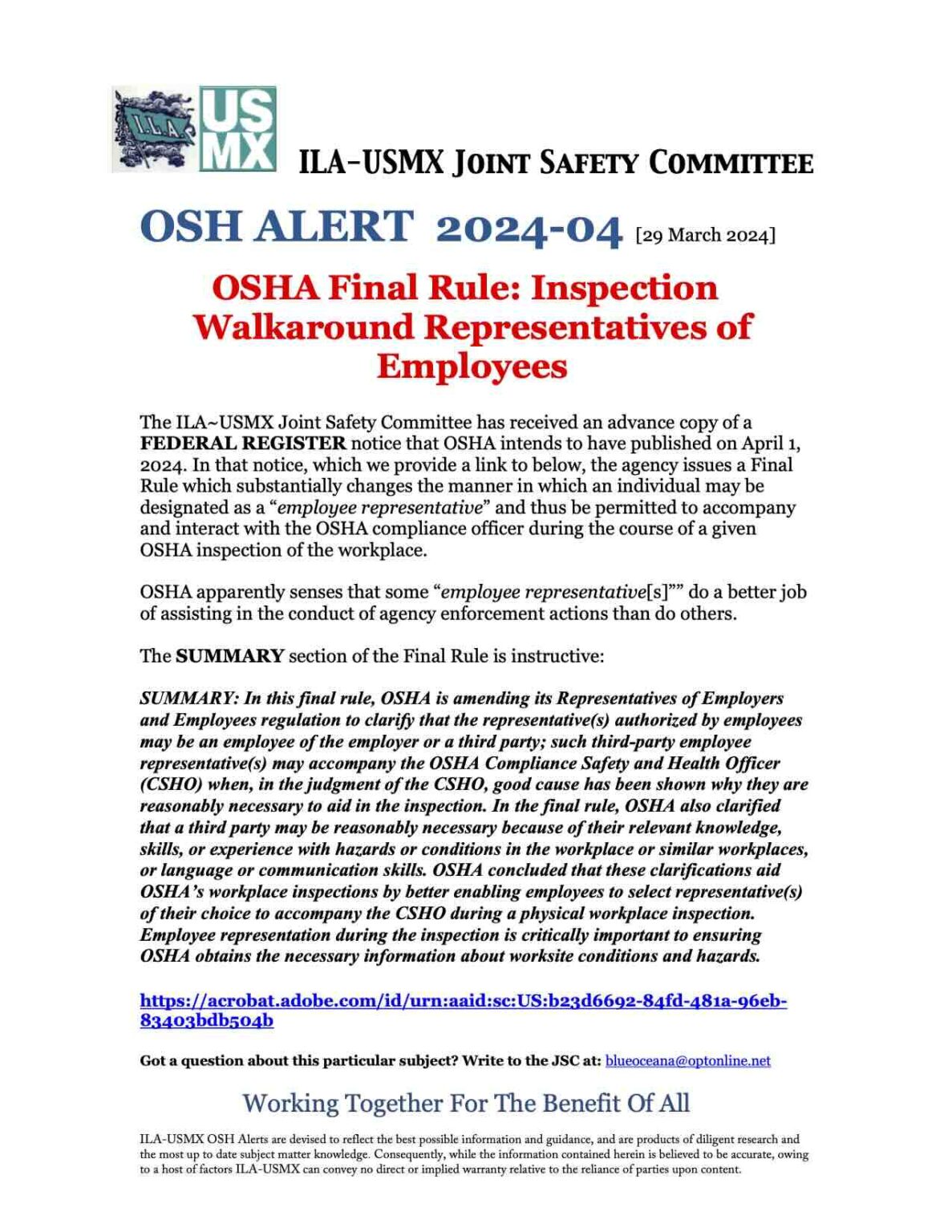 ILAUSMX Joint Safety Committee OSH Alert 202404 OSHA Final Rule