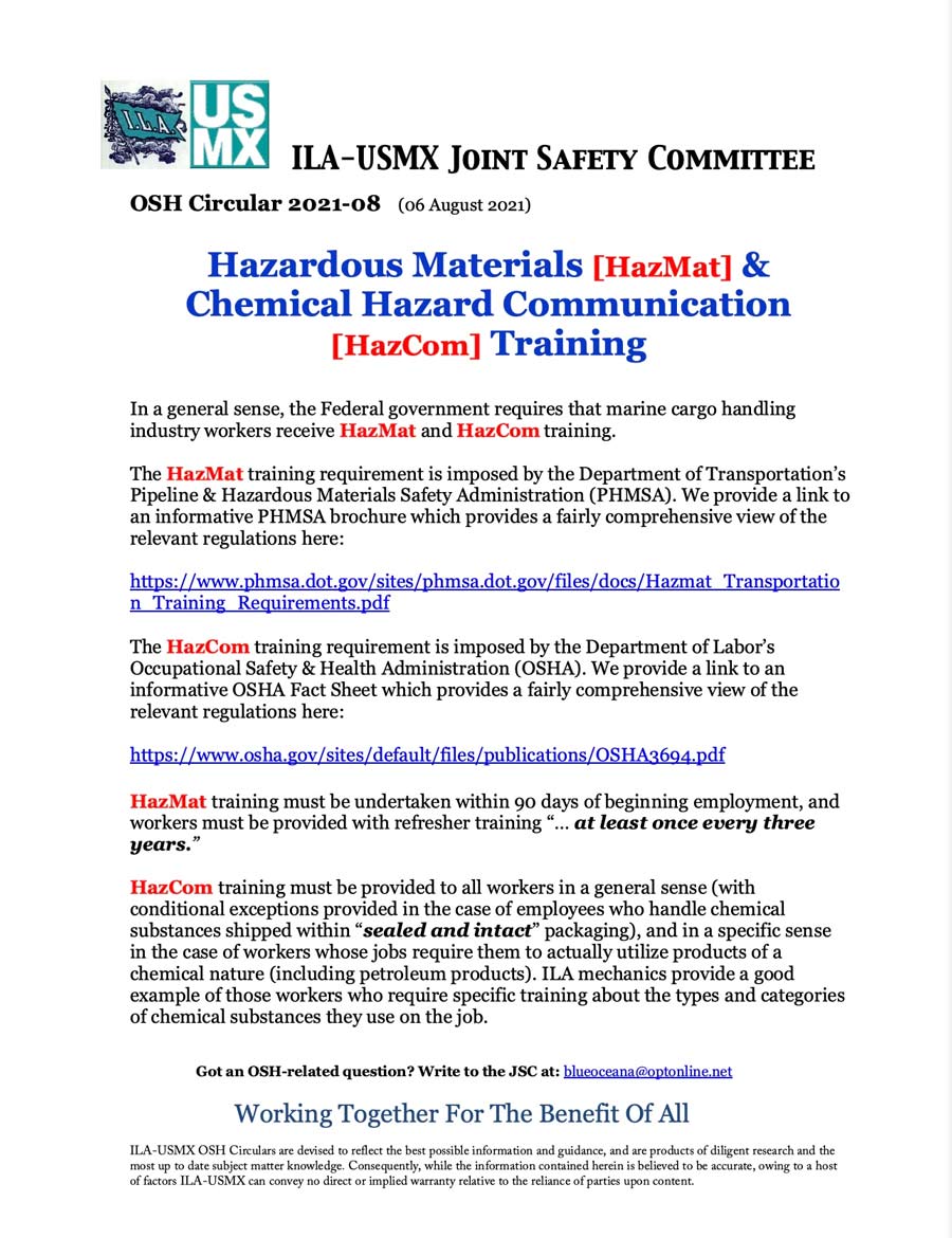 ILAUSMX Joint Safety Committee OSH Alert 202108 Hazardous Materials