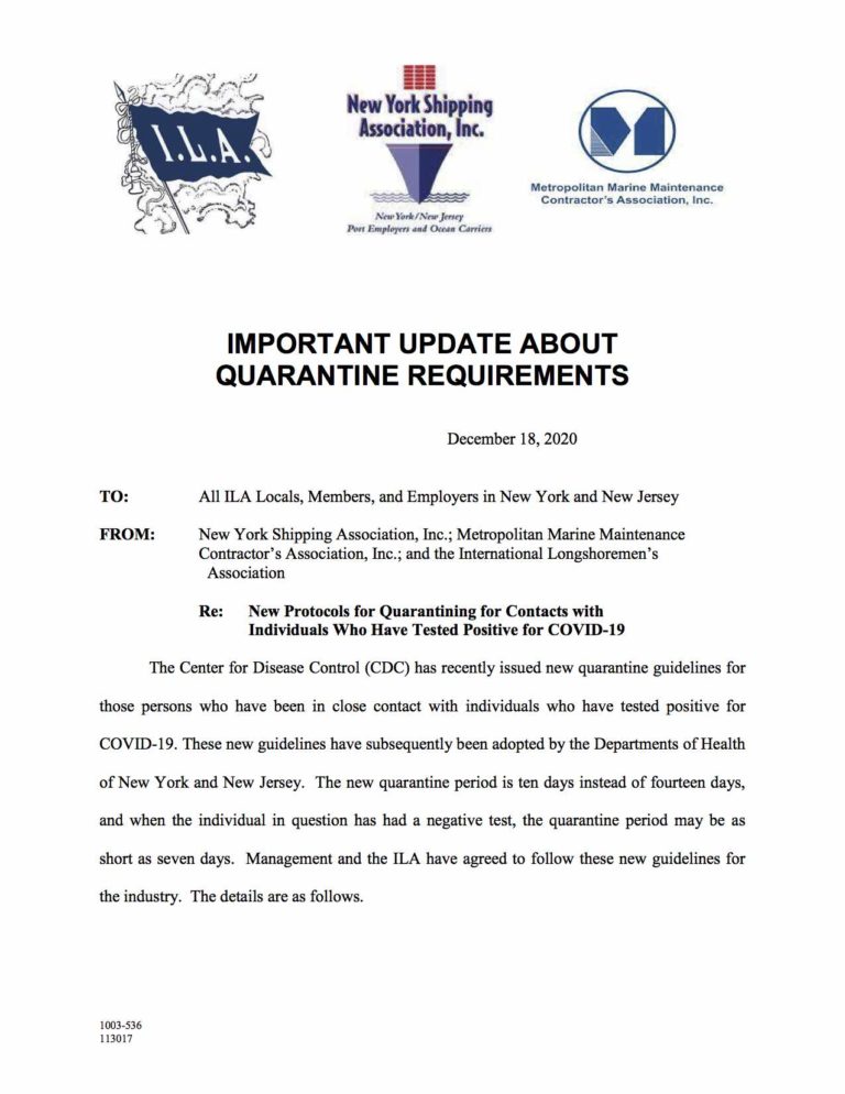 NEW IMPORTANT UPDATE ABOUT QUARANTINE REQUIREMENTS ISSUED IN MEMO FROM