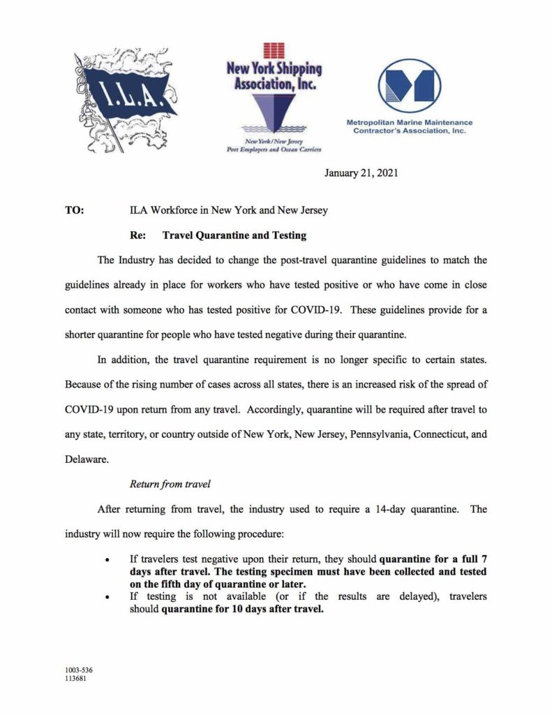 ILA and Employers In Port of New York and New Jersey Revise Quarantine