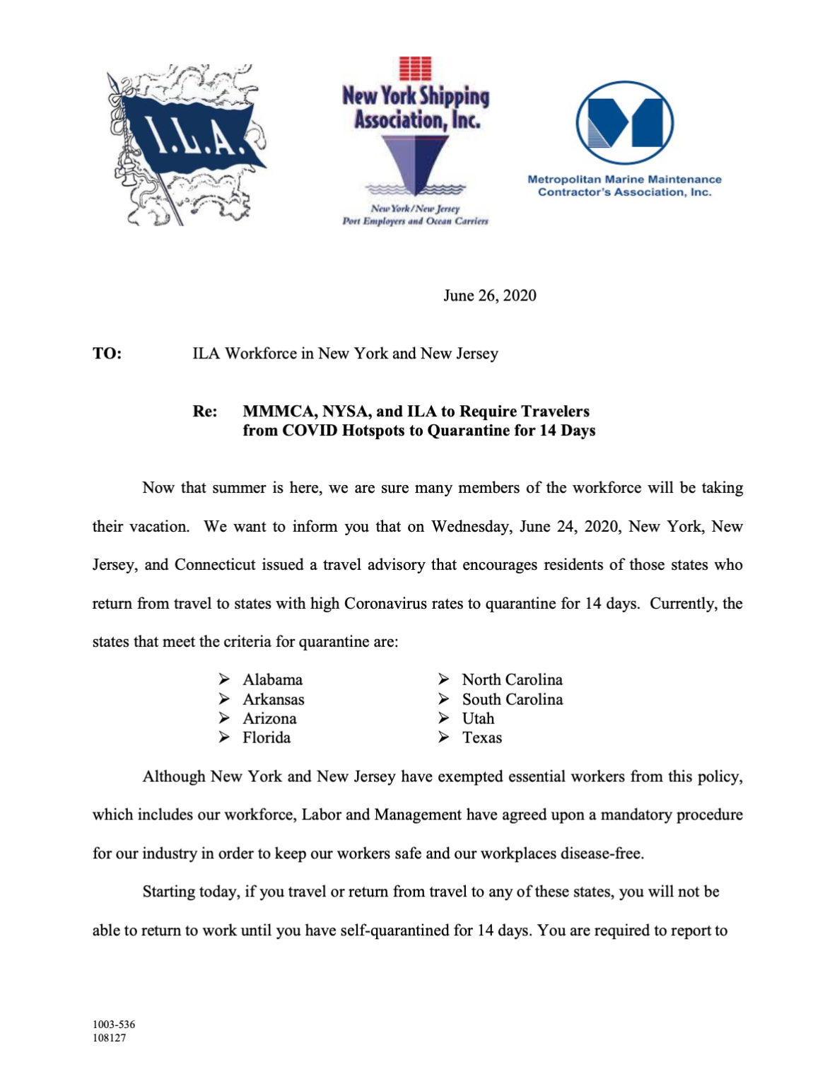 Notice on Quarantining ILA Union