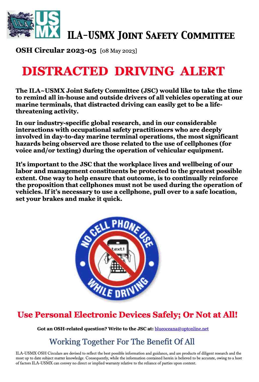 ILA-USMX Joint Safety Committee OSH Alert 2023-05: Distracted Driving ...